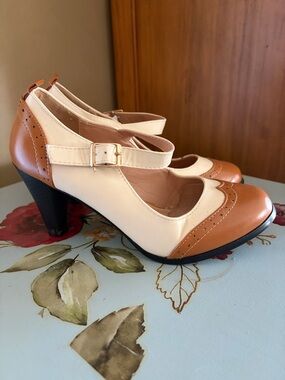 Chase + Chloe Tan and Cream Mary Jane Heels with Brogue Detail